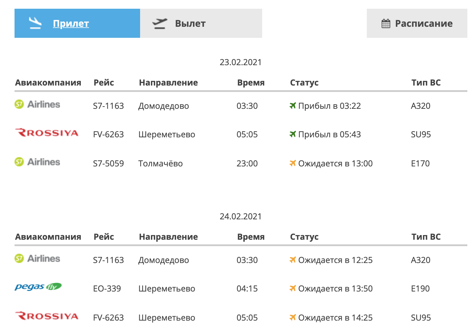 Расписание прилетов самолетов большое